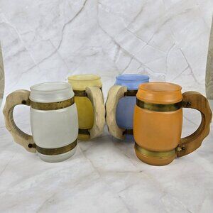Vintage Siesta Ware Barrel Frosted Mugs Glasses Set of 4 Blue Orange Yellow